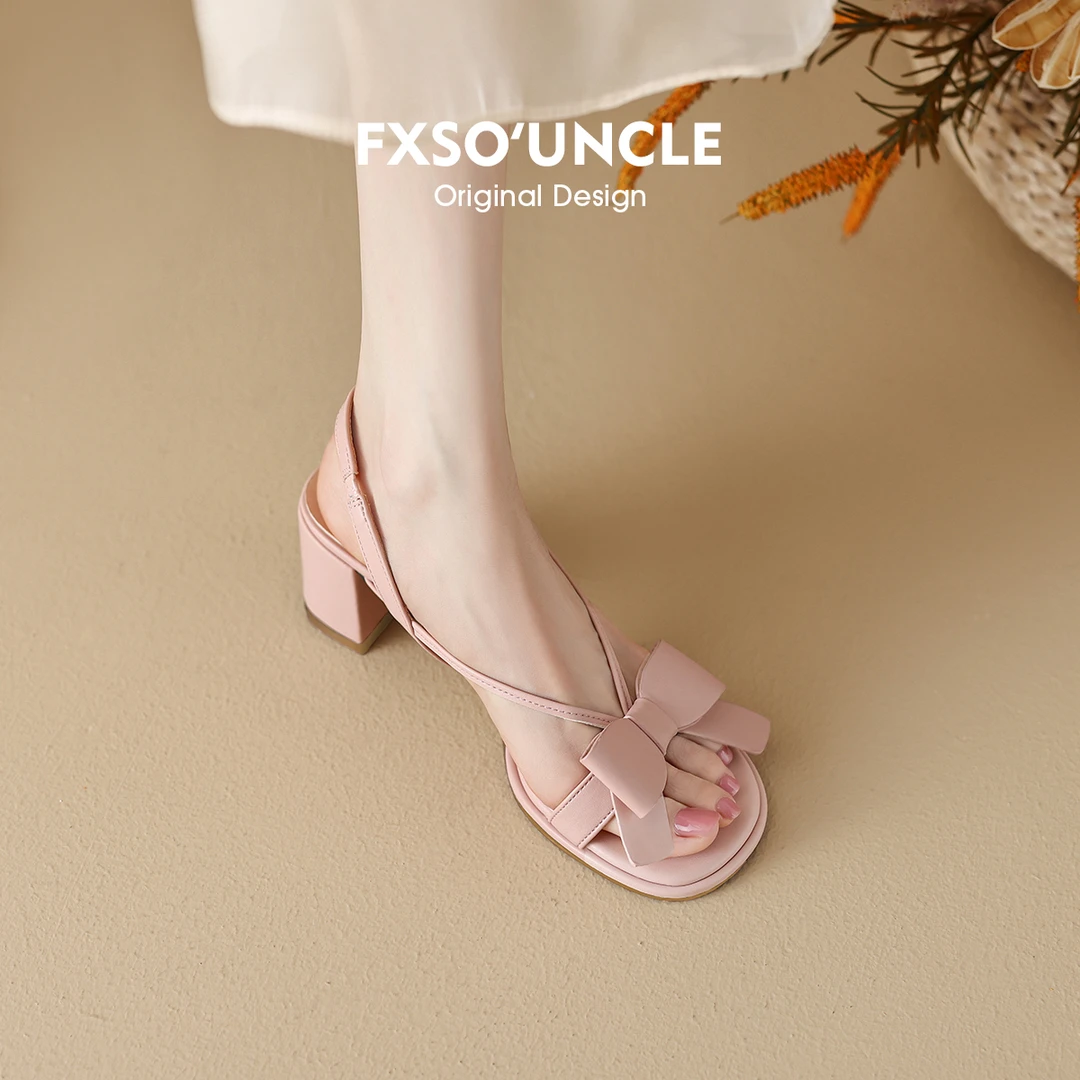 FXSO方巷2024年新款露趾凉鞋粗跟一字带百搭镂空蝴蝶结高跟鞋女
