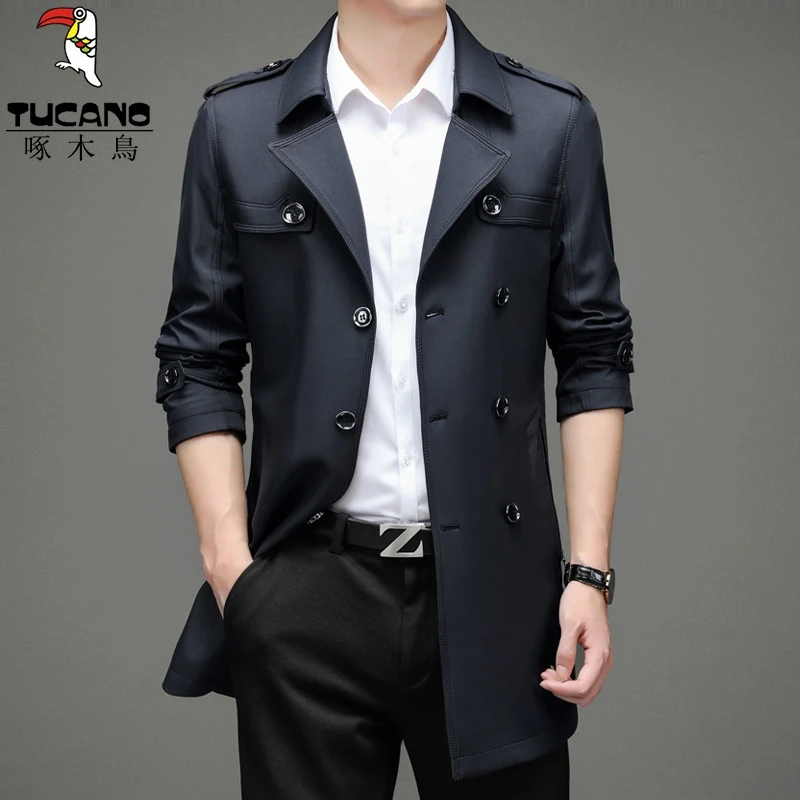 啄木鸟风衣男外套中长款2024春秋装新款色中年男士休闲西装领帅气