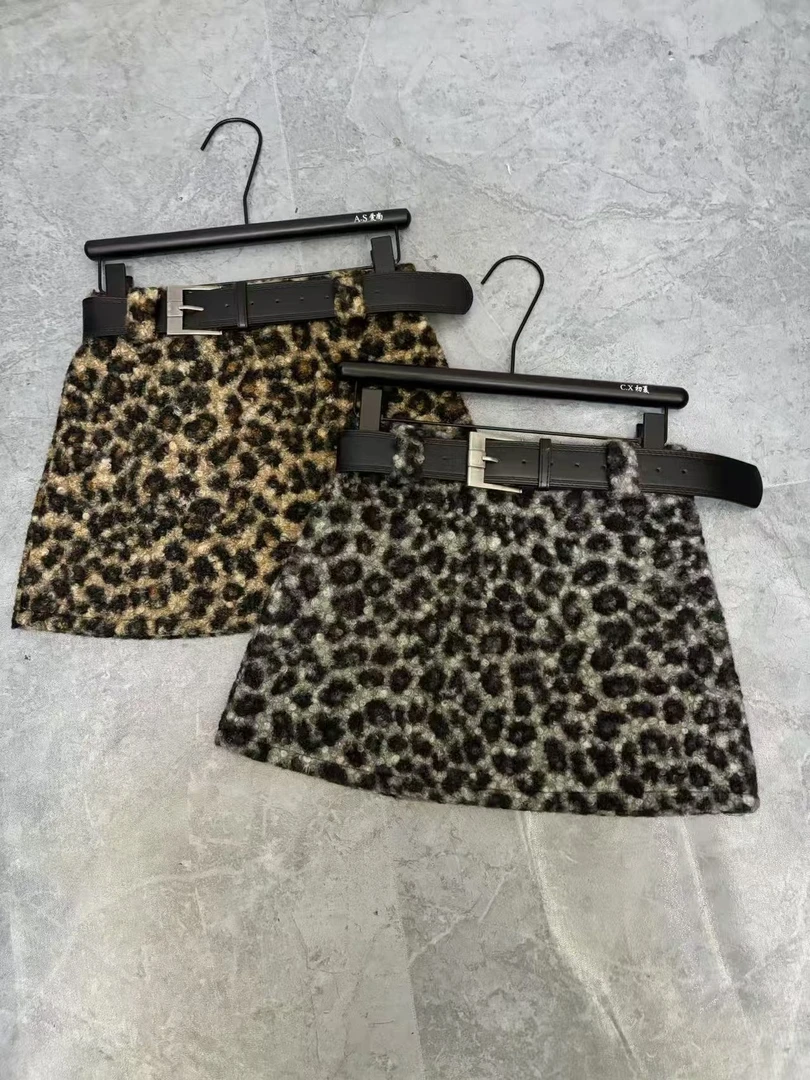 【中古小奶豹短裙 附腰带】复古豹纹粗呢辣妹A字半身裙