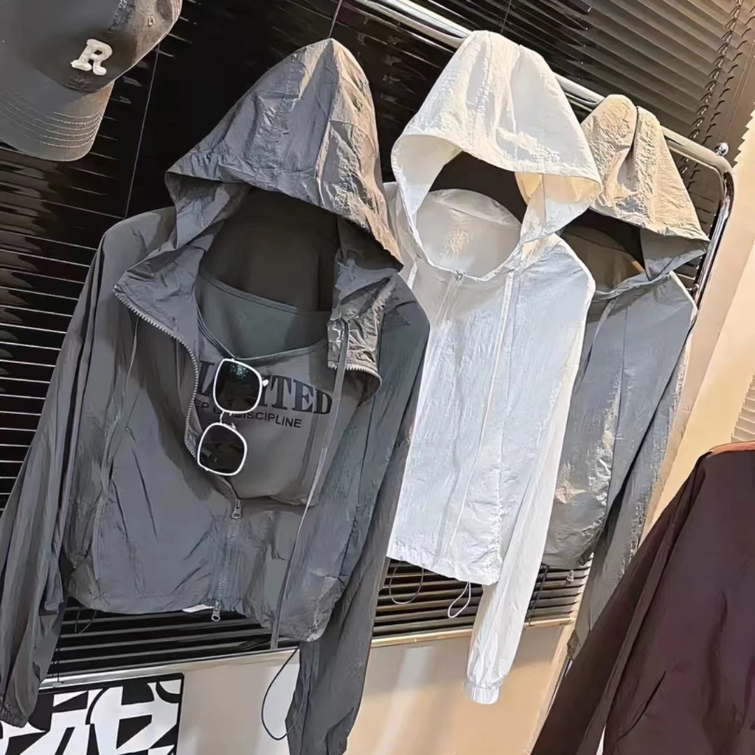 （连帽短款防晒衣）夏季薄款百搭休闲外套+吊带+短裤