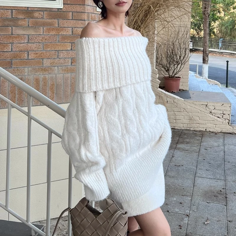 LOOSINGWHITE暖冬刚需加厚气质一字肩高领两穿亮片毛衣百搭慵懒风