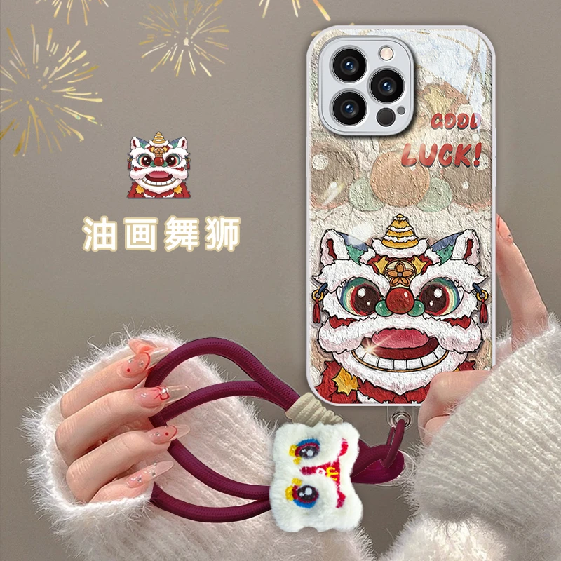 龙年醒狮苹果15新年新款手机壳vivo/oppo华为mate60pro玻璃壳女