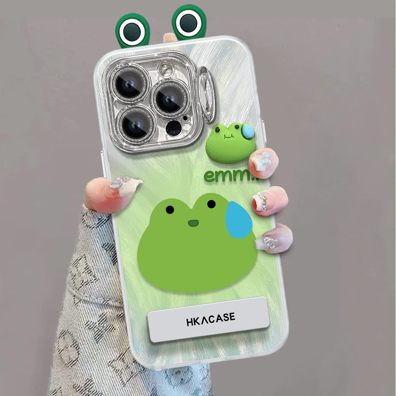流汗青蛙适用苹果13/14/15promax手机壳羽纱镜头支架11/12保护套