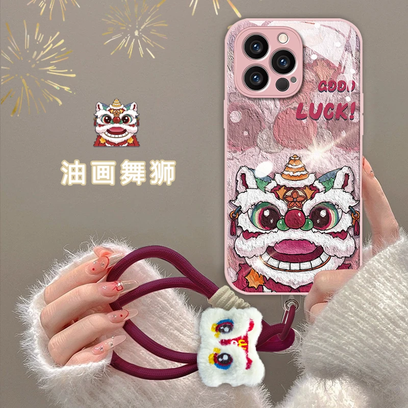 龙年醒狮苹果15新年新款手机壳vivo/oppo华为mate60pro玻璃壳女