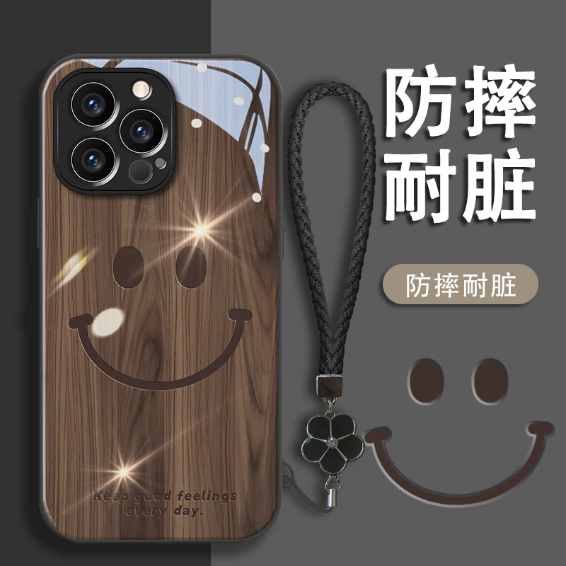 简约微笑苹果13/14/15全包手机壳vivo/oppo华为mate60pro玻璃壳女