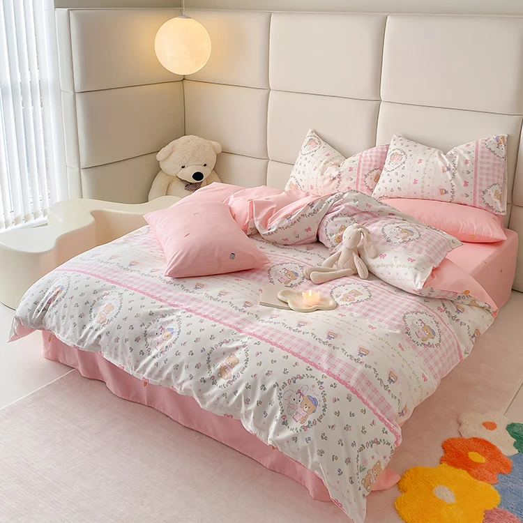 四件套纯棉100%全棉床上用品床单被套可机洗可水洗公主风清新家用