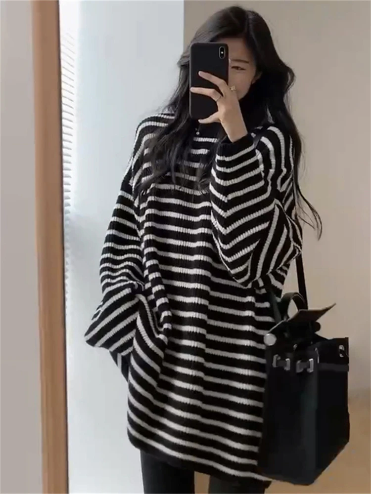 长袖针织衫宽松百搭慵懒风软糯中长款黑白条纹毛衣女打底衫上衣