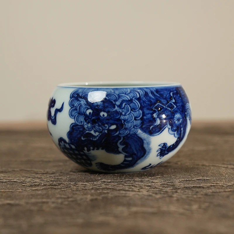 【墨舍柴窑】双狮戏球墩墩杯陶瓷纯手工手绘主人杯（moshe586）