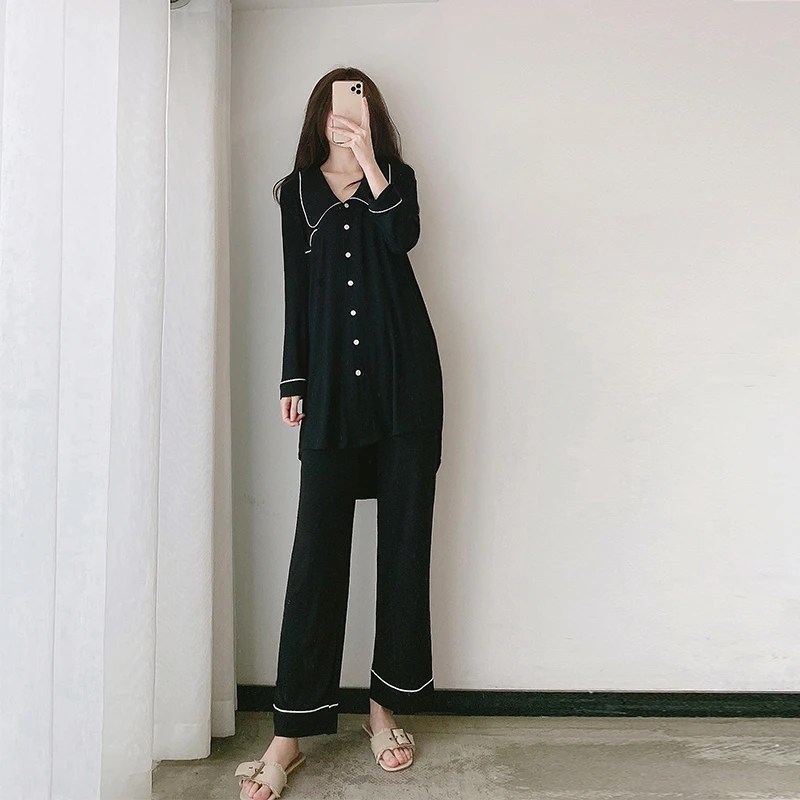 性感睡衣女夏季莫代尔长袖睡衣套装男友风气质家居服宽松大码薄款
