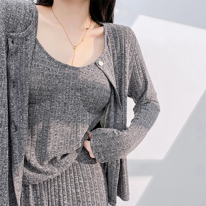 性感睡衣女花纱针织带胸垫吊带长袖长裤三件套可外穿家居服套装