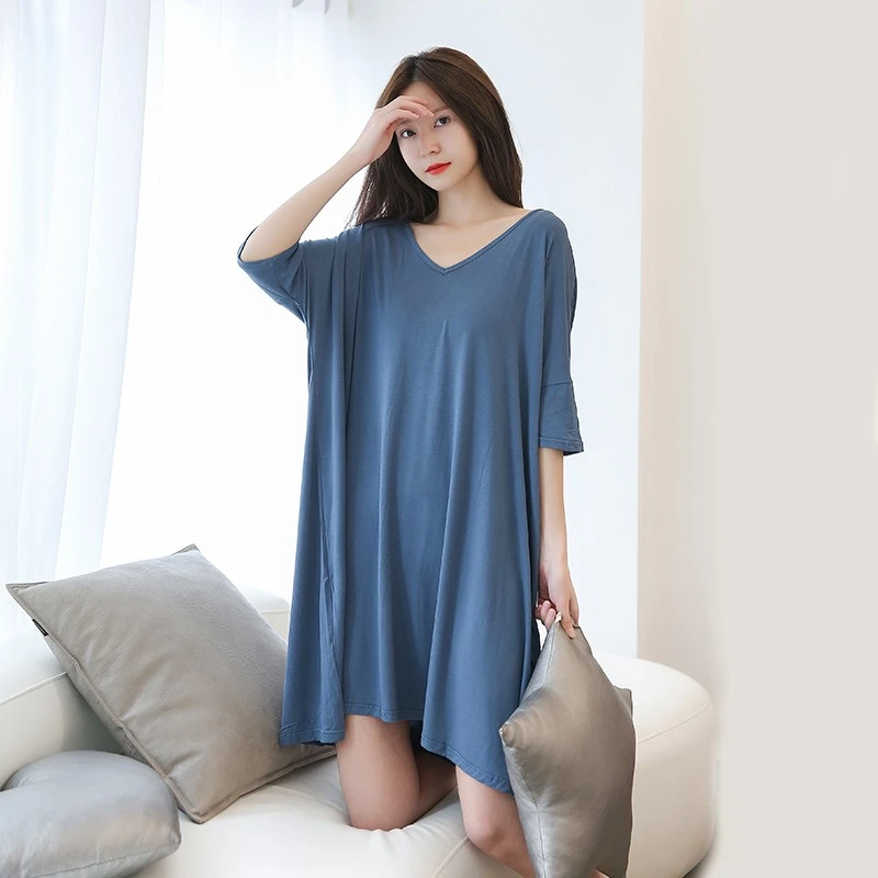 性感睡衣女夏季薄简约莫代尔短袖睡裙V领宽松大码T恤连衣裙可外穿