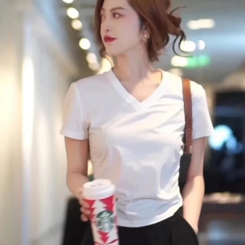{专柜}商场同款25年新款百搭V领侧边收褶纯色T恤女1300888