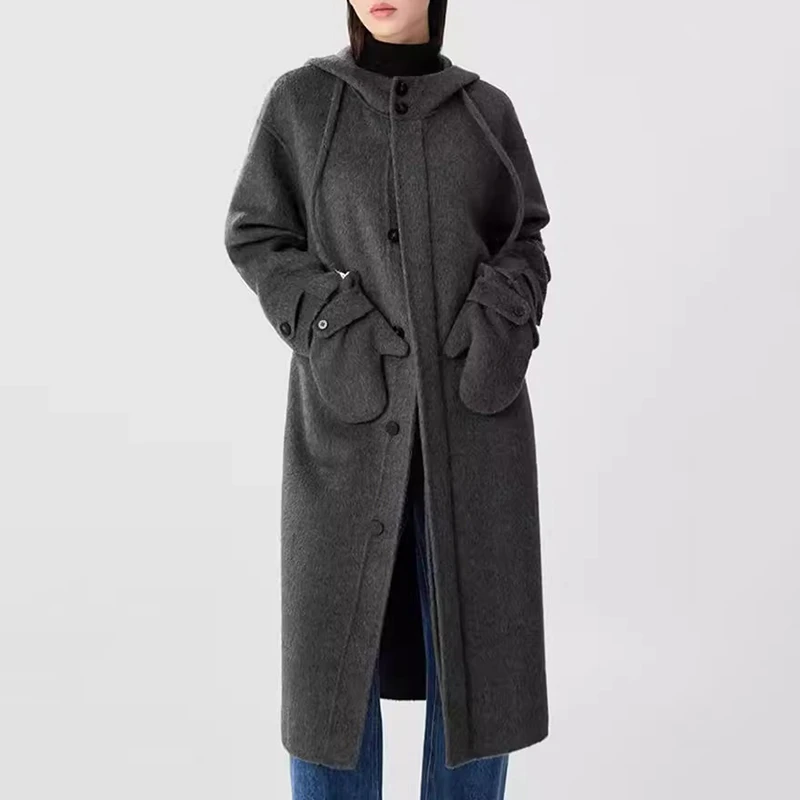 专柜商场同款2024冬季新款时尚百搭连帽双面呢大衣女外套附手套