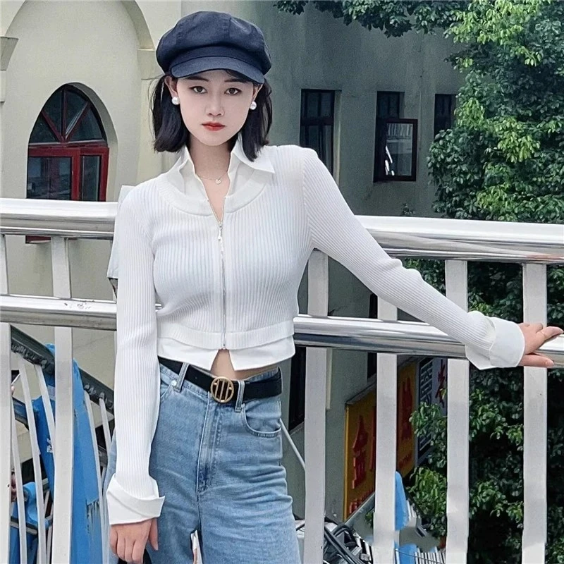 商场同款2025春秋季新款修身质感衬衣百搭显瘦长袖假两件针织衫女