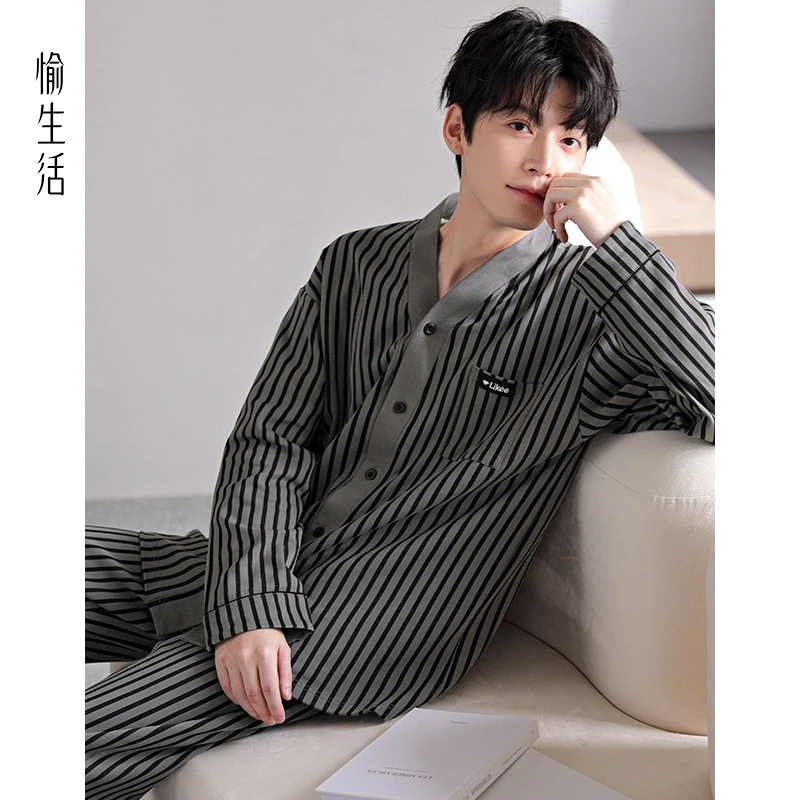 新疆包邮愉生活睡衣纯棉2025新款男士春秋长袖开衫家居服条纹套装