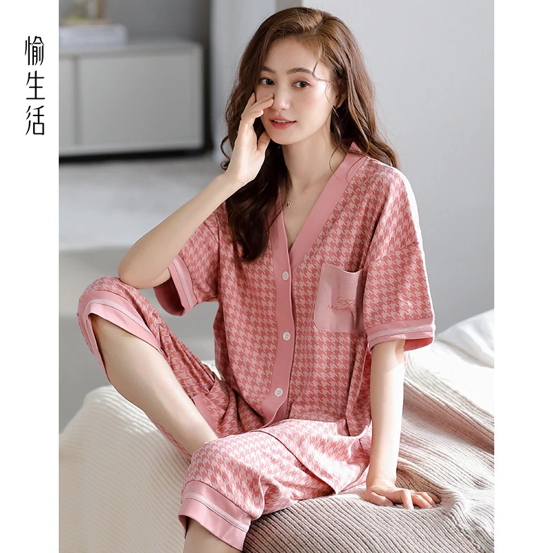 愉生活纯棉料棉睡衣女式夏季薄款凉感短袖短裤家居服开衫套装