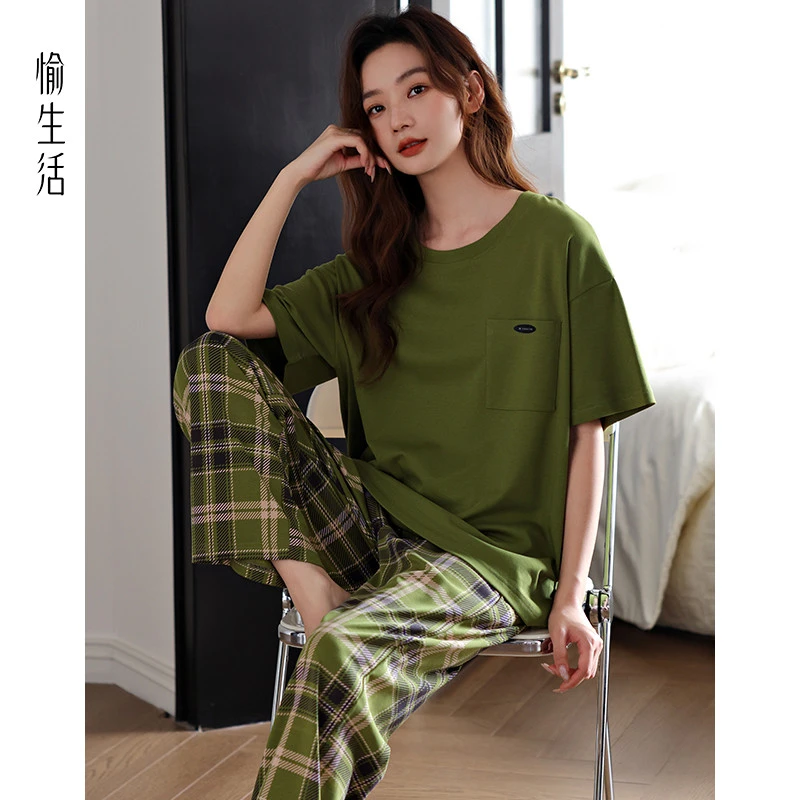 愉生活夏季睡衣女士套头短袖长裤简约休闲两件套高颜值家居服
