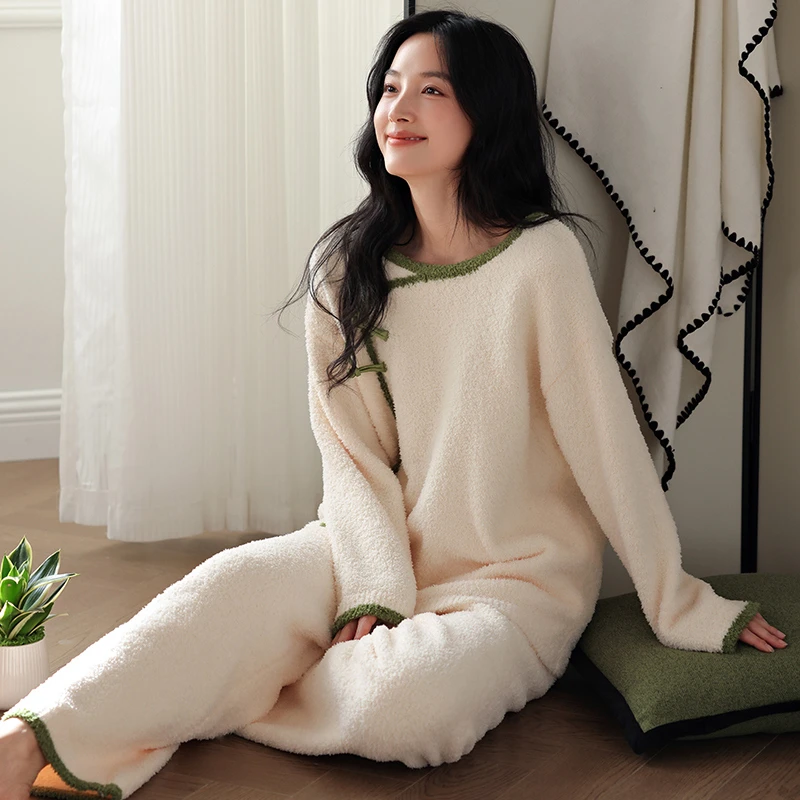 愉生活2025新款睡衣女秋冬季款半边绒加绒加厚保暖冬天家居服套装