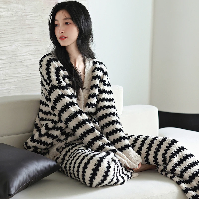 愉生活睡衣女士秋冬款半边绒套装2025新款加绒加厚外穿冬天家居服