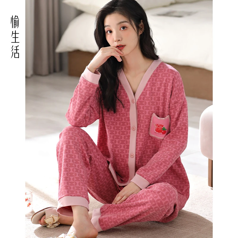 愉生活纯棉睡衣女春秋长袖开衫秋冬款小个子宿舍可外穿家居服套装