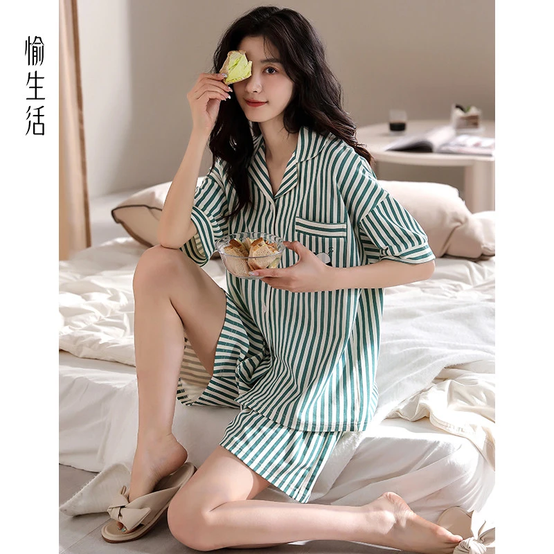 愉生活睡衣女纯棉薄款短袖短裤开衫翻领熊猫休闲套装可外出家居服