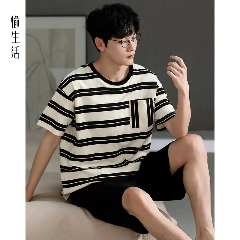 愉生活睡衣男夏季纯棉短袖短裤圆领休闲套装夏天休闲家居服可外出