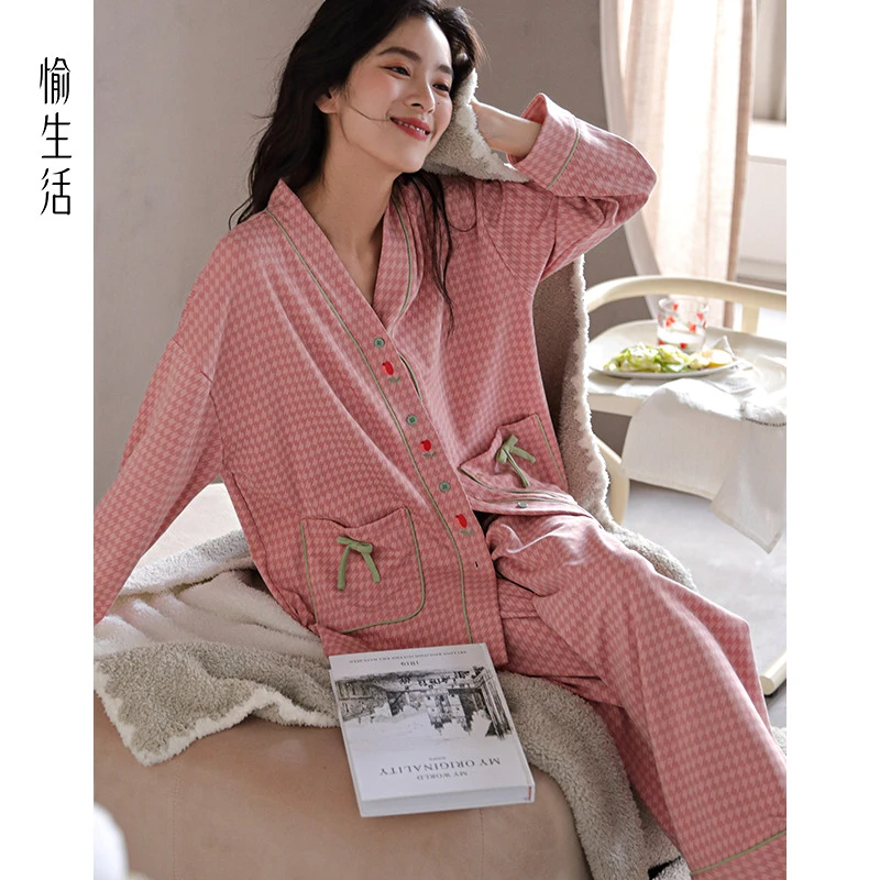 愉生活纯棉睡衣女春秋款长袖开衫套装秋冬100%全棉大码宽松家居服