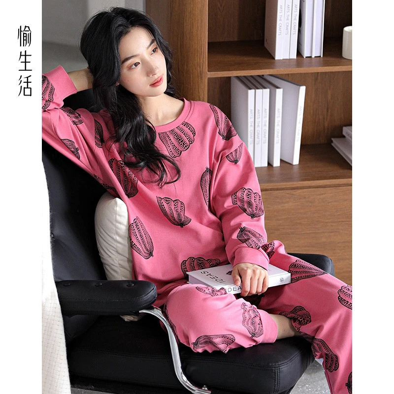 愉生活春秋睡衣女纯棉套头圆领长袖长裤简约休闲可外穿家居服套装