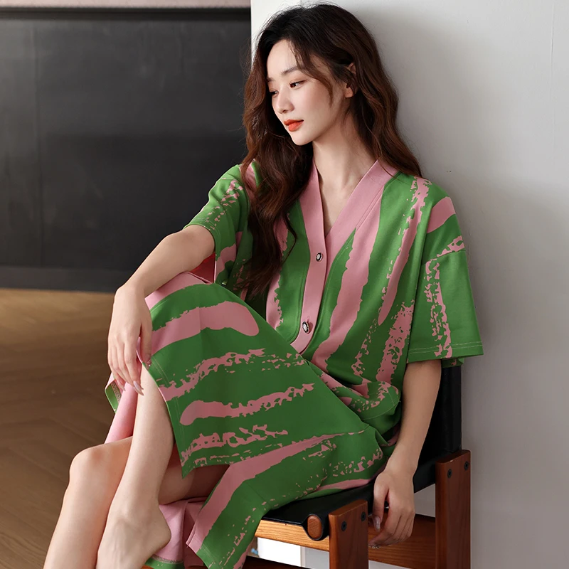 愉生活睡衣女春夏季短袖薄款睡裙开衫新款女士中长款可外穿连衣裙