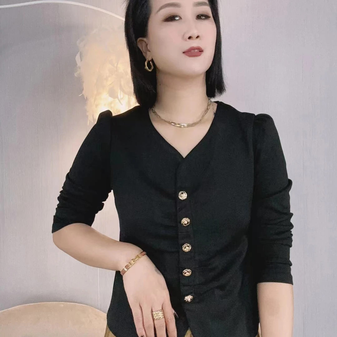 老板娘同款春季宽松显瘦气质ins长袖上衣百搭简约休闲v领时尚洋气