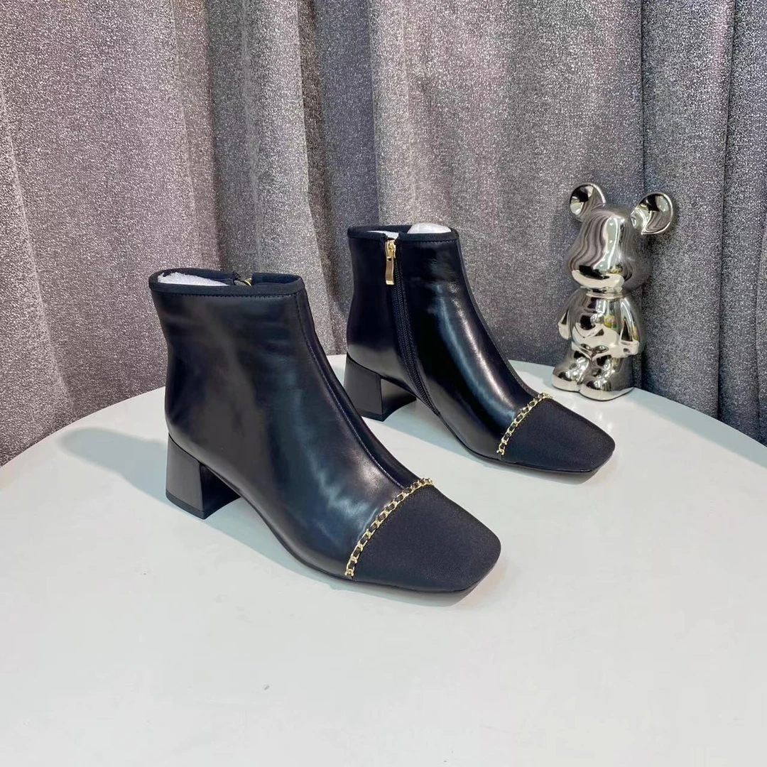 CL9098  黑色 秋冬季百搭粗跟时尚女士方头真皮短靴