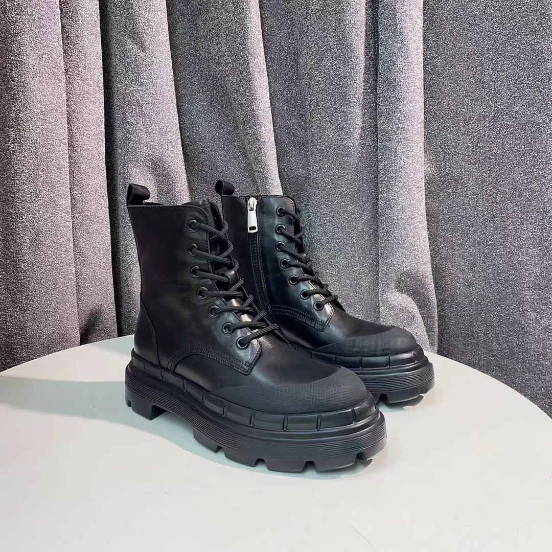 C468 黑色 高端圆头厚底系带里外真皮短靴 马丁靴