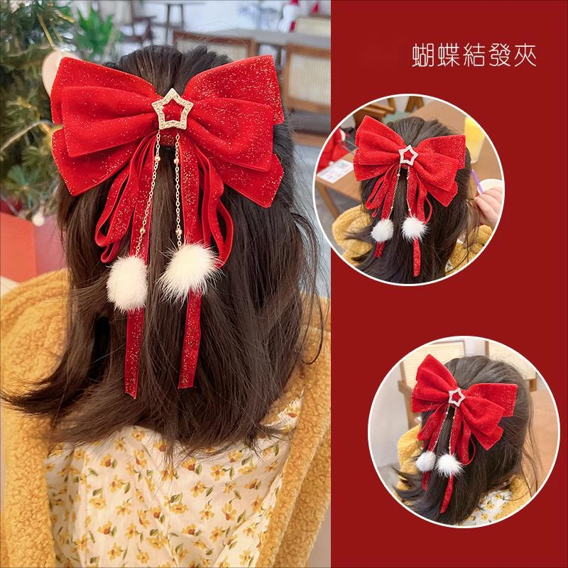 中国风女童红色流苏发夹宝宝丝绒蝴蝶结发饰发卡超仙气儿童古风