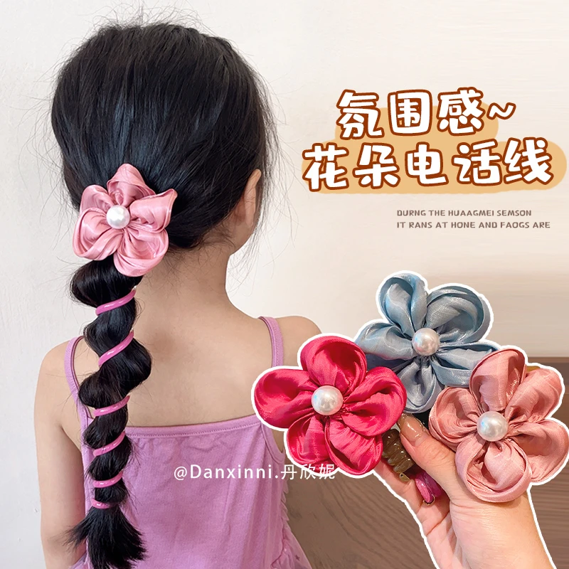 儿童高级感电话线发圈小女孩大花朵缠绕低马尾神器发绳女童头饰