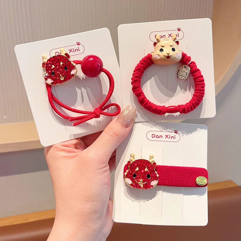 儿童过新年红色龙年发绳女童拜年小龙头皮筋头绳小女孩丸子头发夹