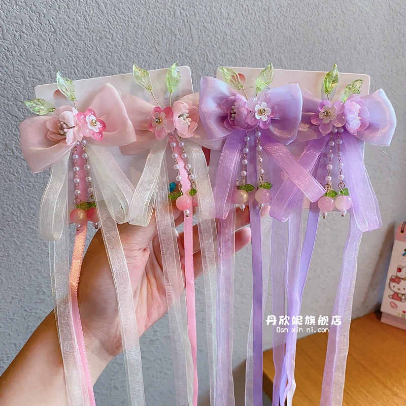女童汉服头饰儿童超仙古风花朵飘带发夹步摇小女孩蝴蝶结流苏发卡