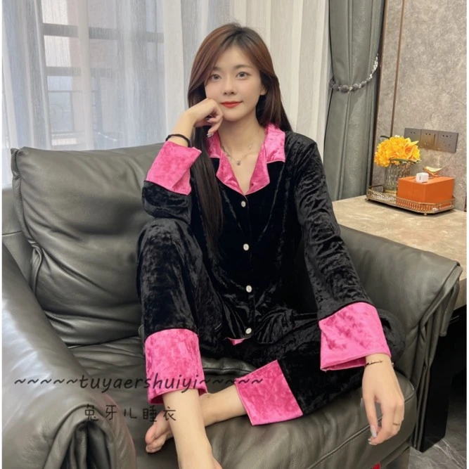 前惑金钻绒拼接长袖家居套装