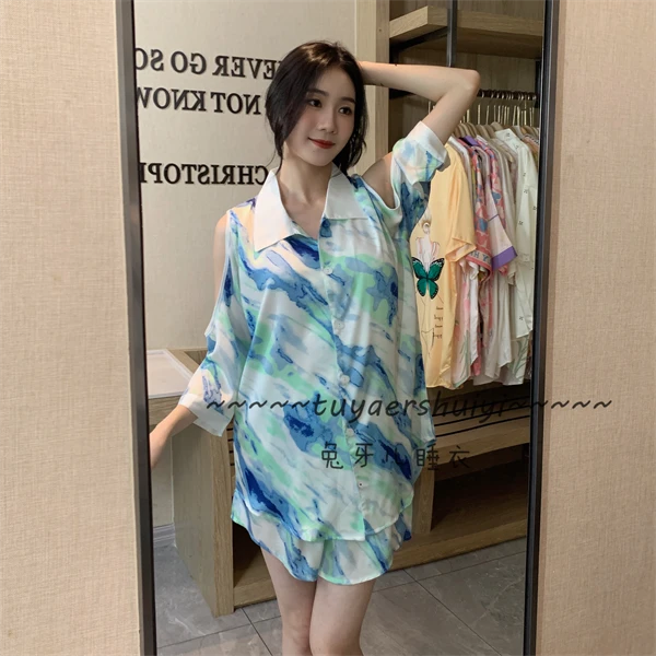 夏季冰丝女士宽松薄款大码露肩蓝色水墨画家居睡裙 / 套装