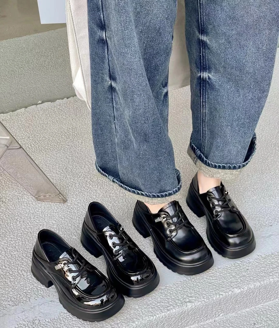 姚姚严选2024新款圆头系带粗跟防滑时尚英伦风百搭乐福鞋2619