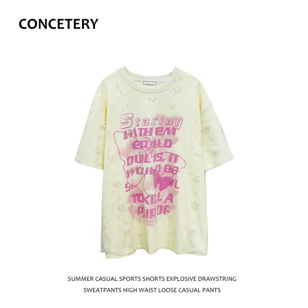 重工亮片蕾丝外层拼接印花假两件短袖T恤女宽松圆领上衣+334