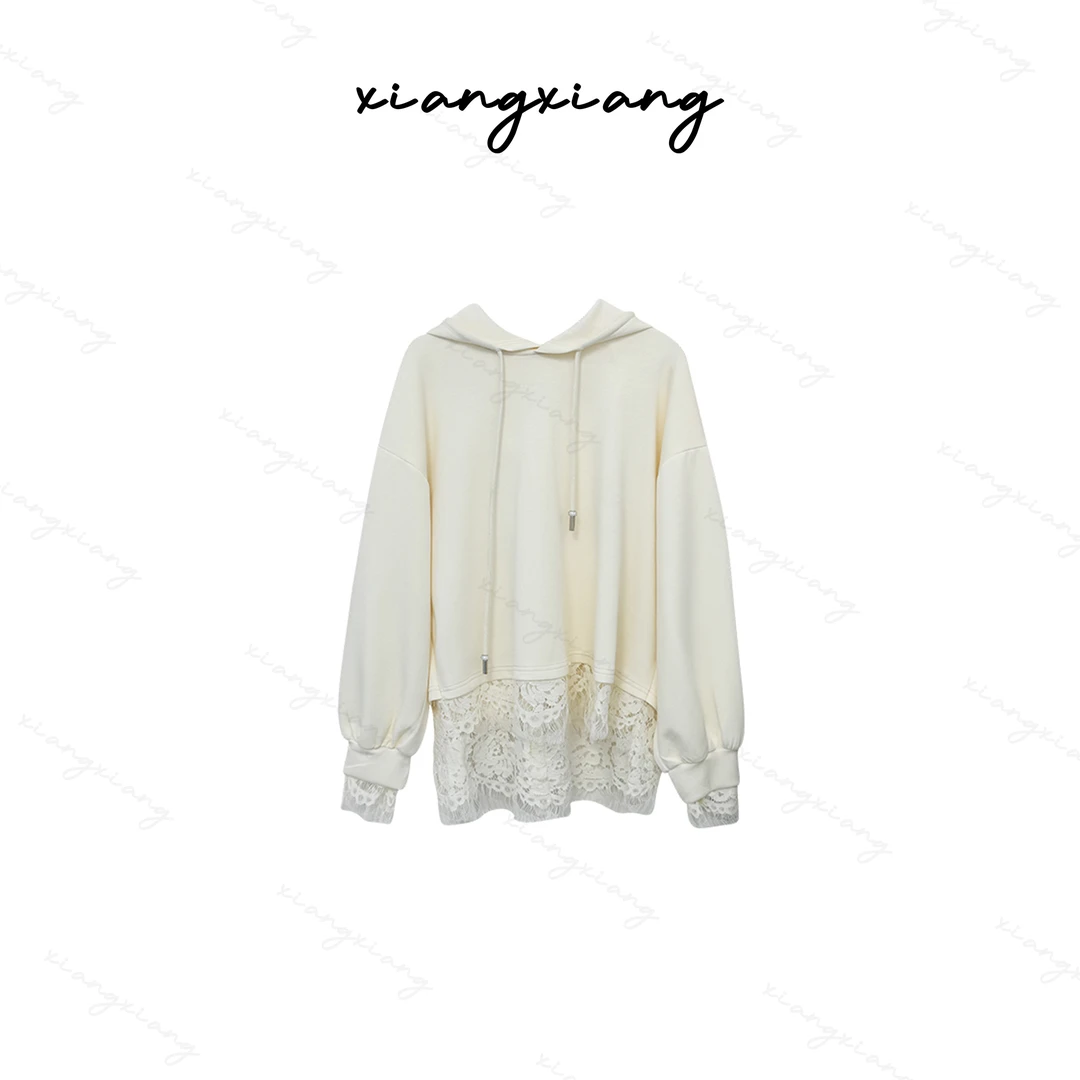 9082连帽套头卫衣女2025秋韩版气质蕾丝拼接百搭长袖上春季轻奢