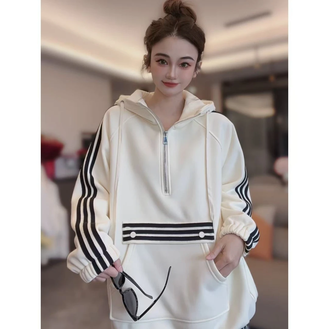 Q54半拉链连帽卫衣加绒加厚女秋冬宽松外套2024新款爆款欧货