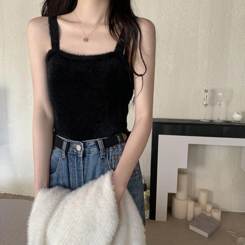 背心女黑色毛绒秋季内搭短款针织吊带加厚打底上衣软糯设计感毛衣