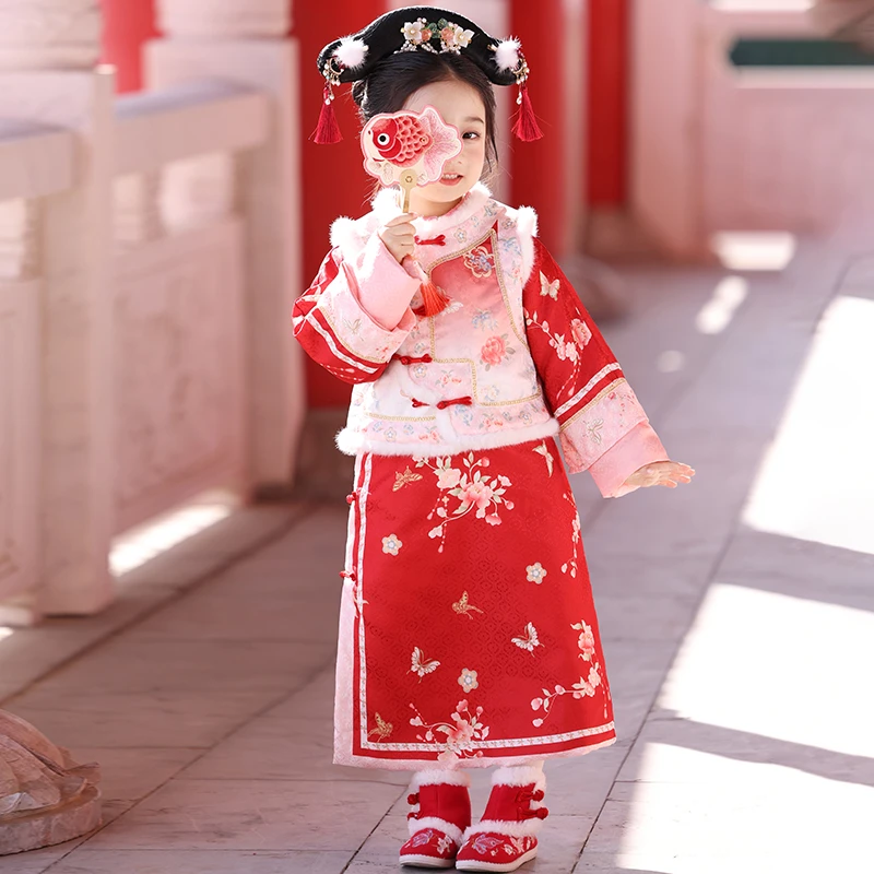 女童汉服唐装古装冬季新款儿童中国风格格服套装女孩加厚拜年服潮