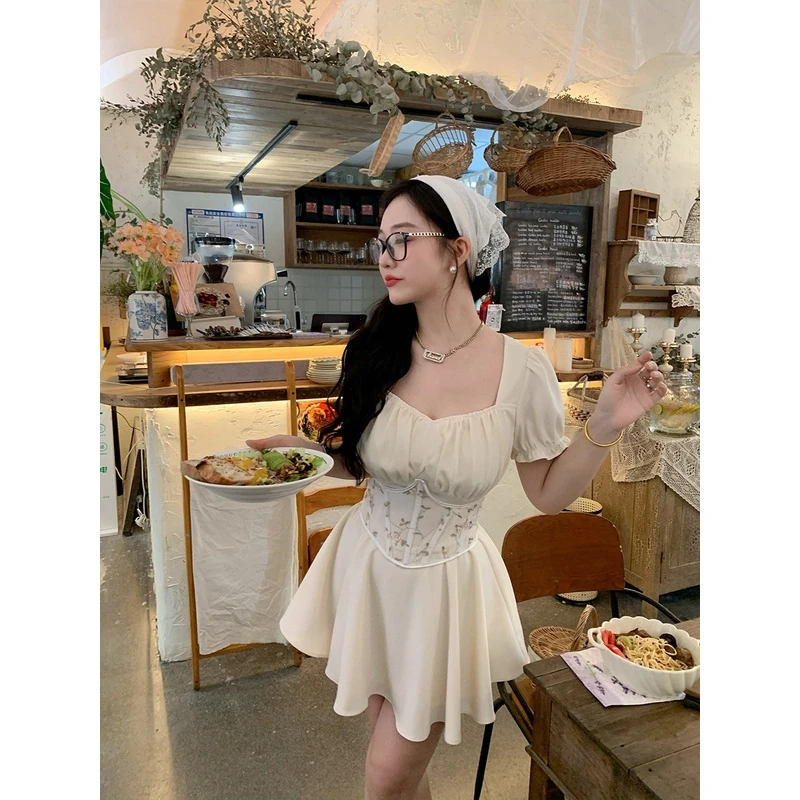 肉装小cherry 夏风微澜 微胖收腰显瘦抽褶设计连衣裙刺绣绑带腰封