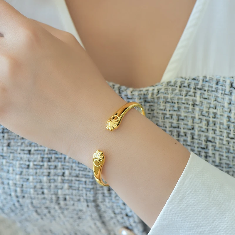 足银手镯 足银亮面吉言猫爪手镯女款可调节轻奢百搭古风实心镯子