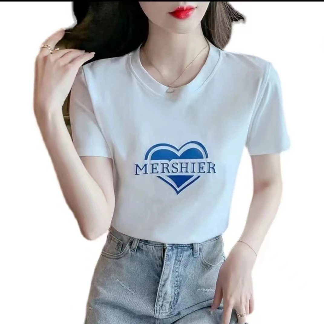 2024夏新款-律动莫兰迪-百搭破洞牛仔九分裤印花小众短袖印花短袖