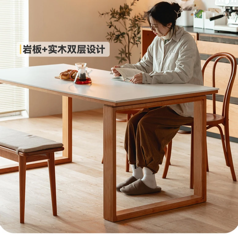 【蓝鲸岩板餐桌】实木北欧小户型餐桌椅组合樱桃木长方形简约饭桌