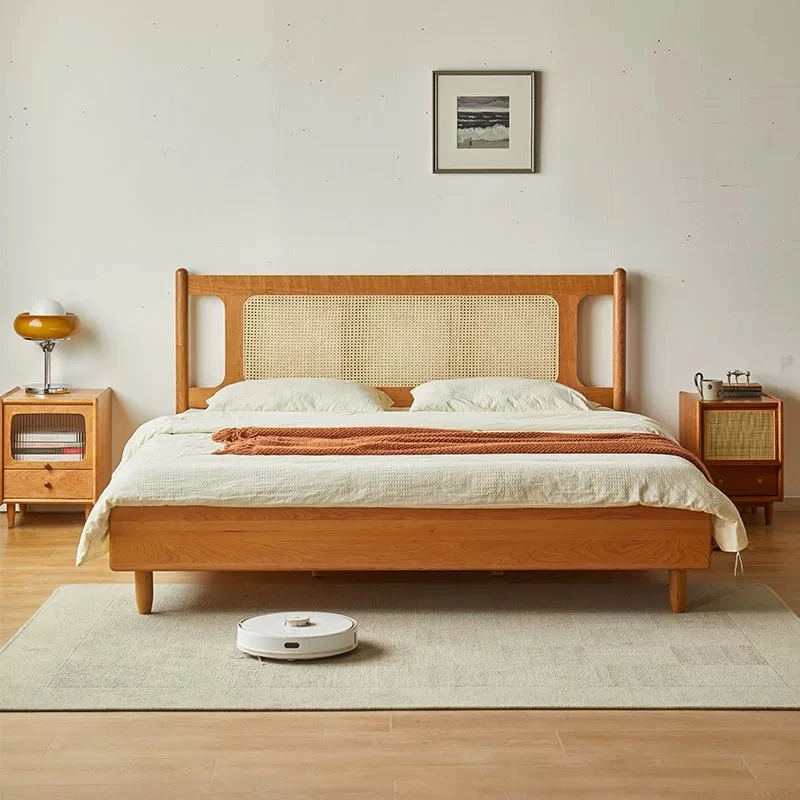 【藤编软包床】北欧实木樱桃木1.8米1.5主卧日式科技布软包床双人床
