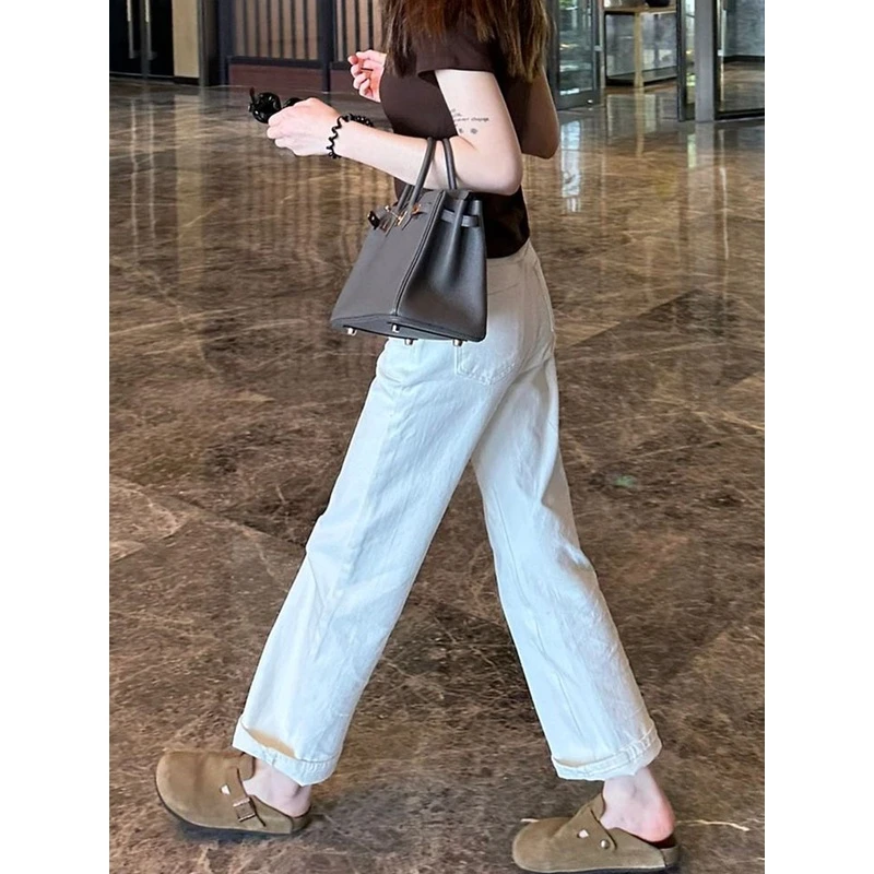 纯白色高腰窄版显瘦牛仔裤女2025新款小个子时尚显高百搭直筒女装